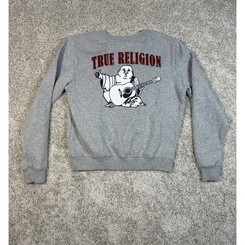 True Religion Gray Crewneck Sweatshirt Small Red Horseshoe Logo Pullover